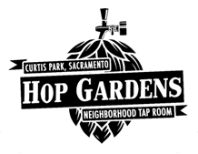 A black and white logo for hop gardens.